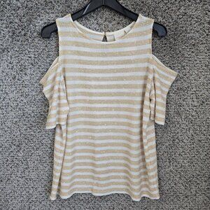 Chicos Top Womens 2‎ US Large Beige Striped Sequined Cold Shoulder Blouse Ladies
